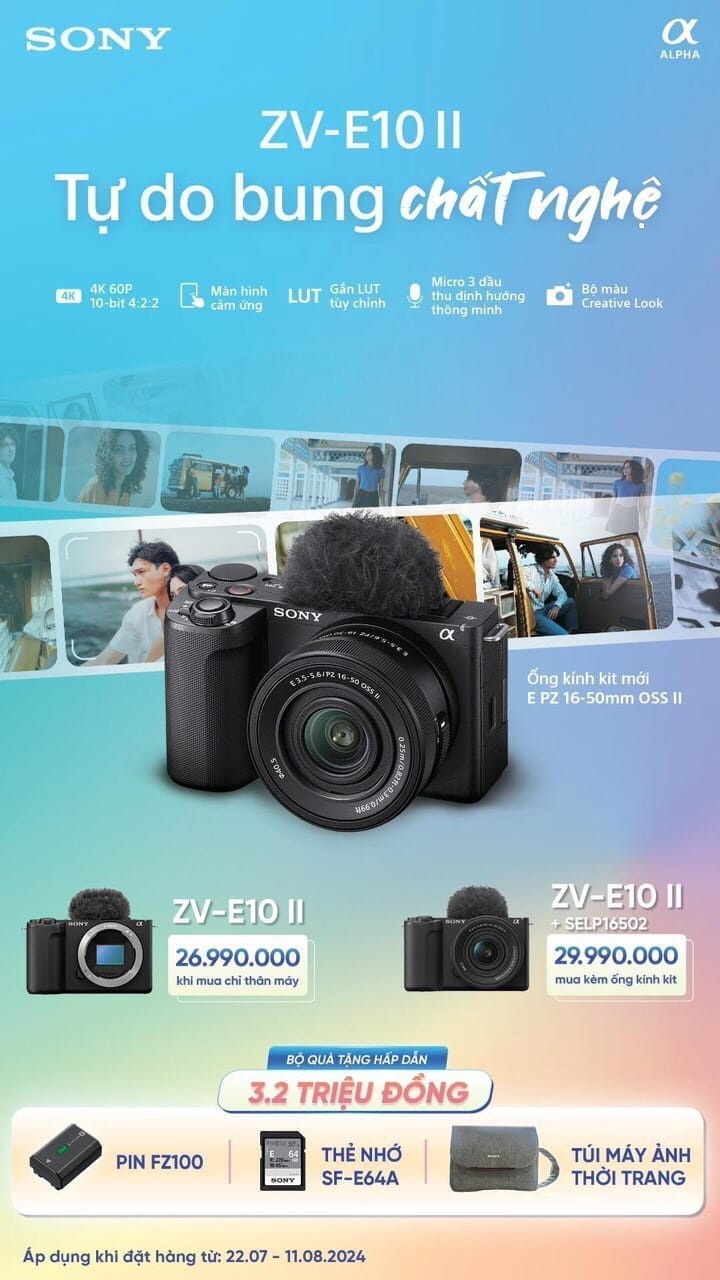Máy ảnh Sony ZV-E10 II + Lens 16-50mm f/3.5-5.6 OSS II 1 qua tang sony Sony ZV E10 II